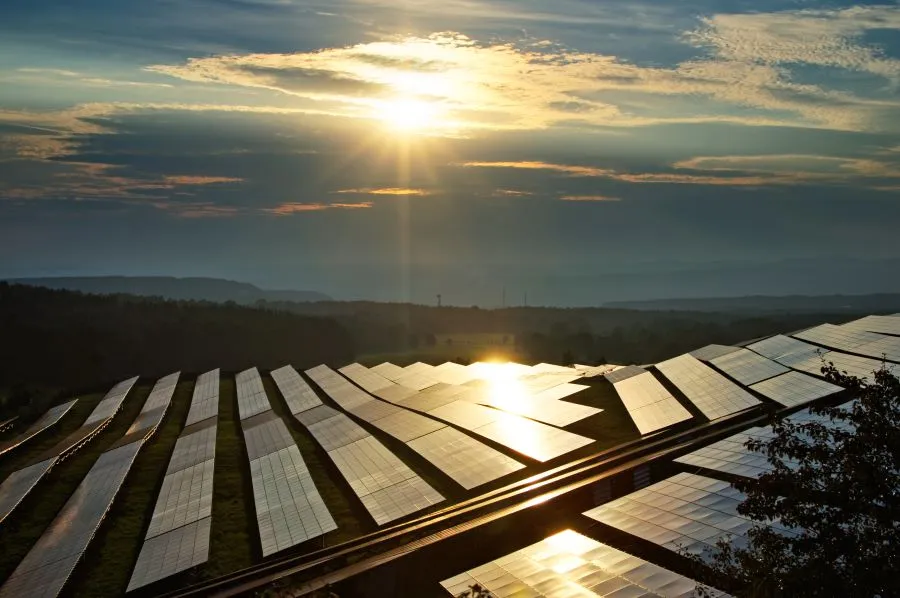 Image d’installation agrivoltaïque au crépuscule, symbolisant l’équilibre entre production agricole et énergie solaire. Une illustration des solutions portées par Imagreen pour une transition écologique intégrée aux territoires.